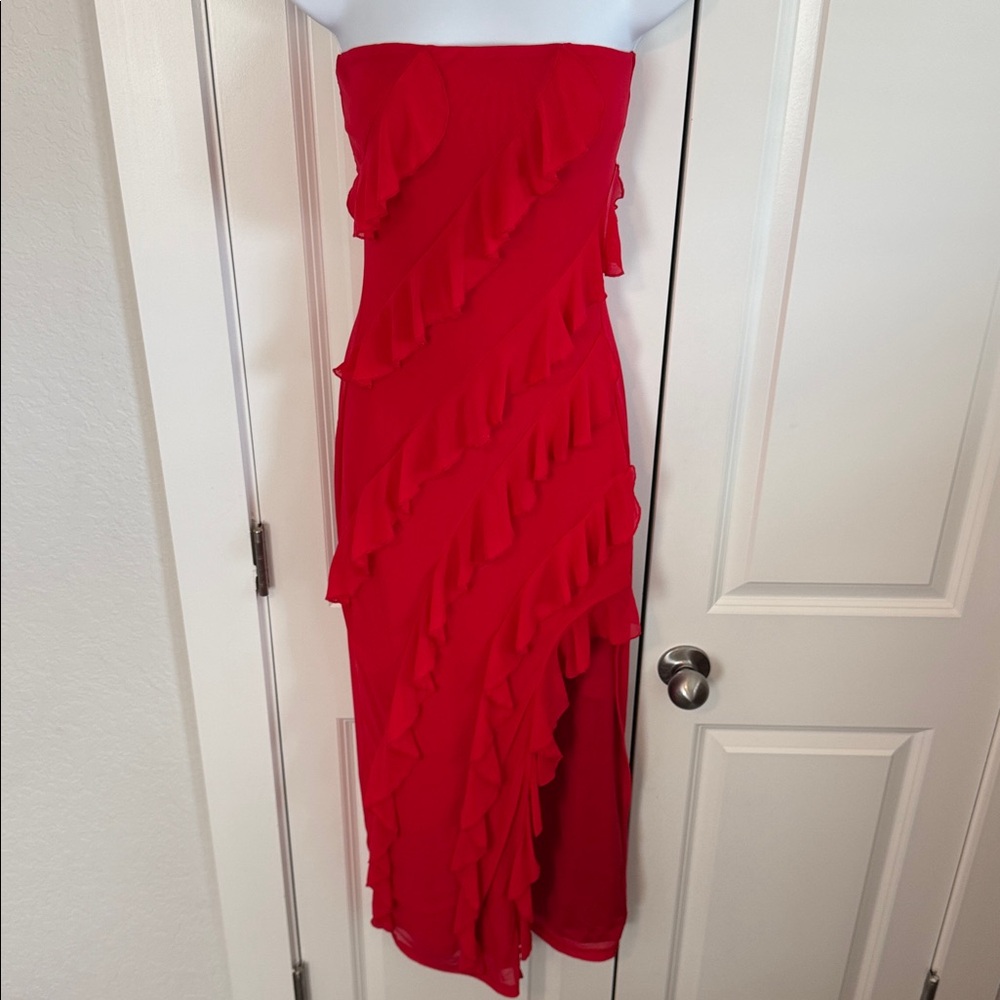 Red Ruffled Strapless Dress - Picture 2 of 4